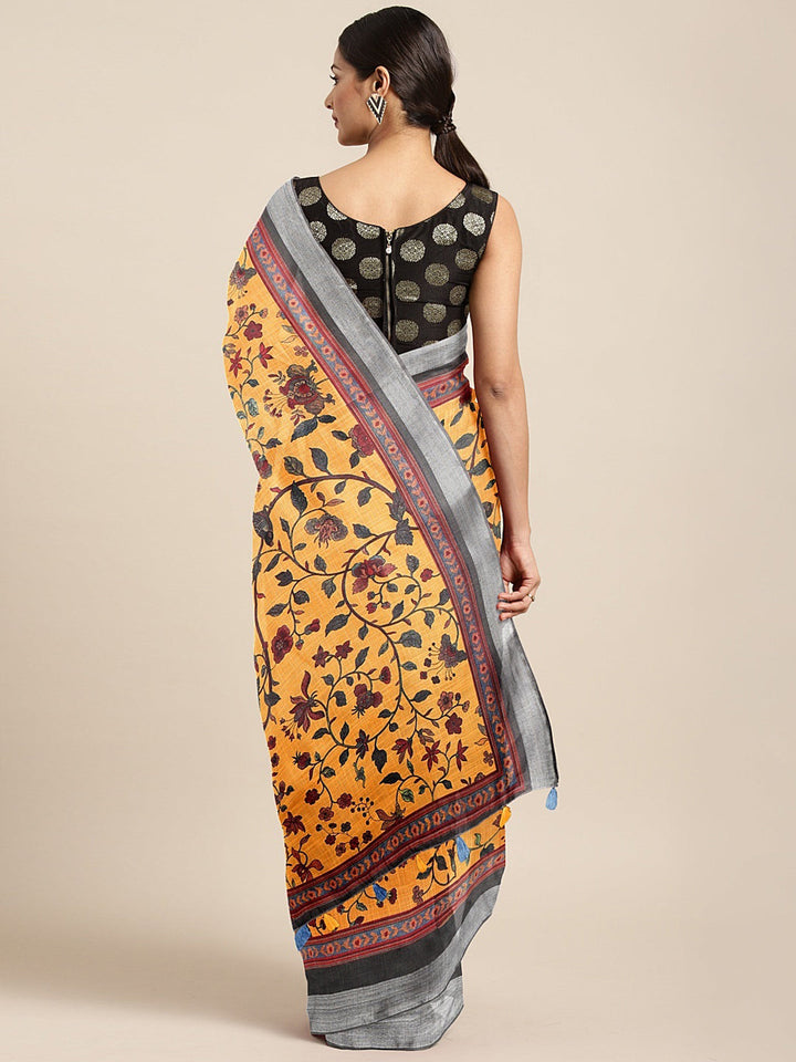 Neerus Yellow georgette printed saree with blouse - back view