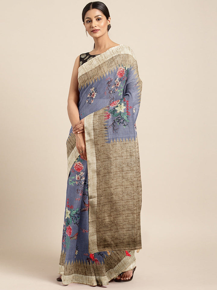 Neerus Blue georgette printed saree with blouse piece - front view