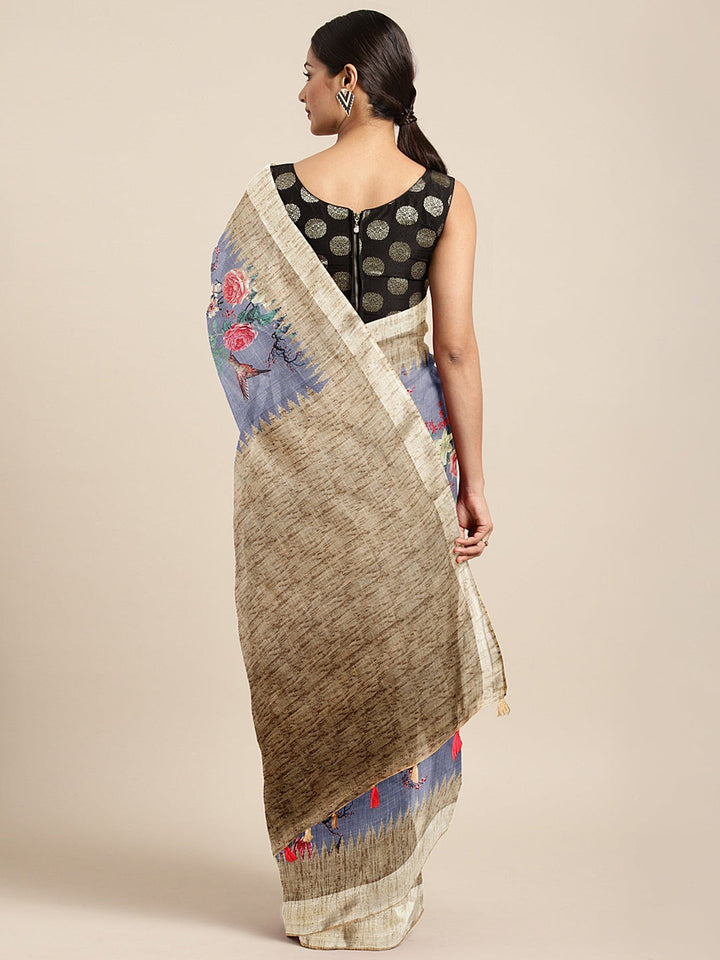 Neerus Blue georgette printed saree with blouse piece - back view
