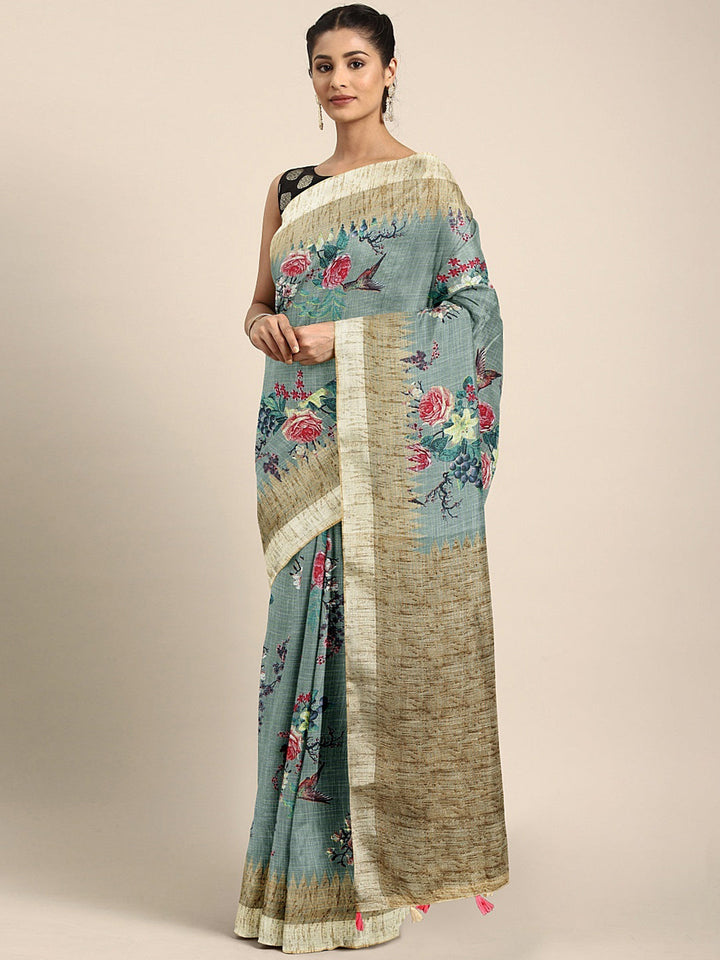 Neerus Green georgette printed saree with blouse - front view
