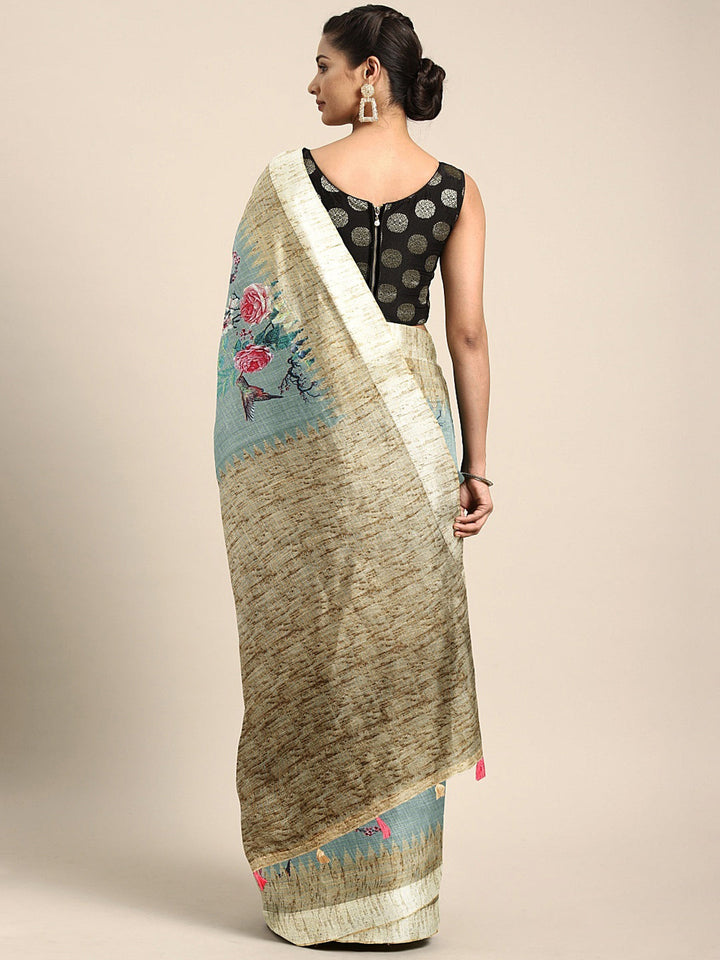 Neerus Green georgette printed saree with blouse - back view