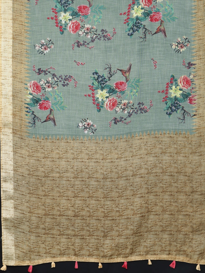 Neerus Green georgette printed saree with blouse - detail view 1