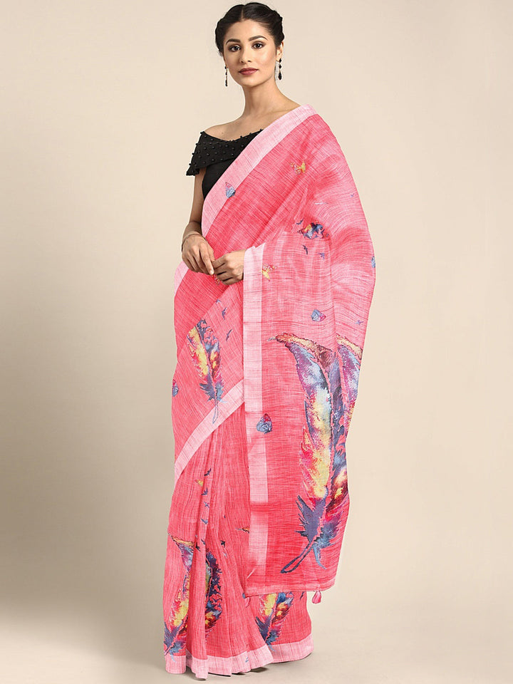 Neerus Pink georgette printed saree with blouse - front view