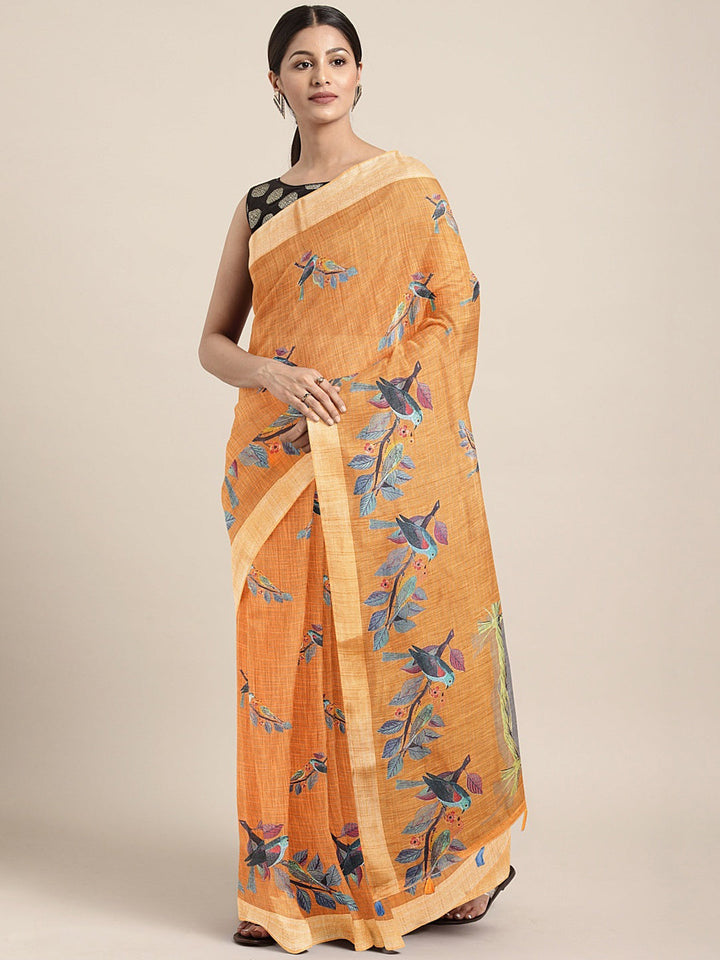 Neerus Orange printed saree with blouse piece - front view