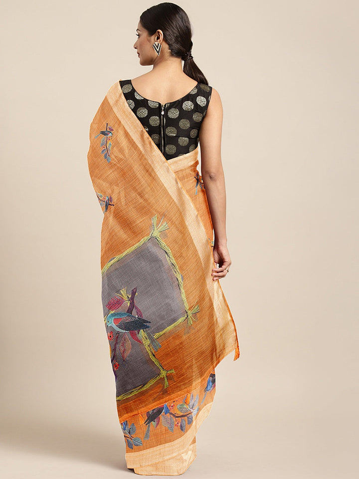 Neerus Orange printed saree with blouse piece - back view