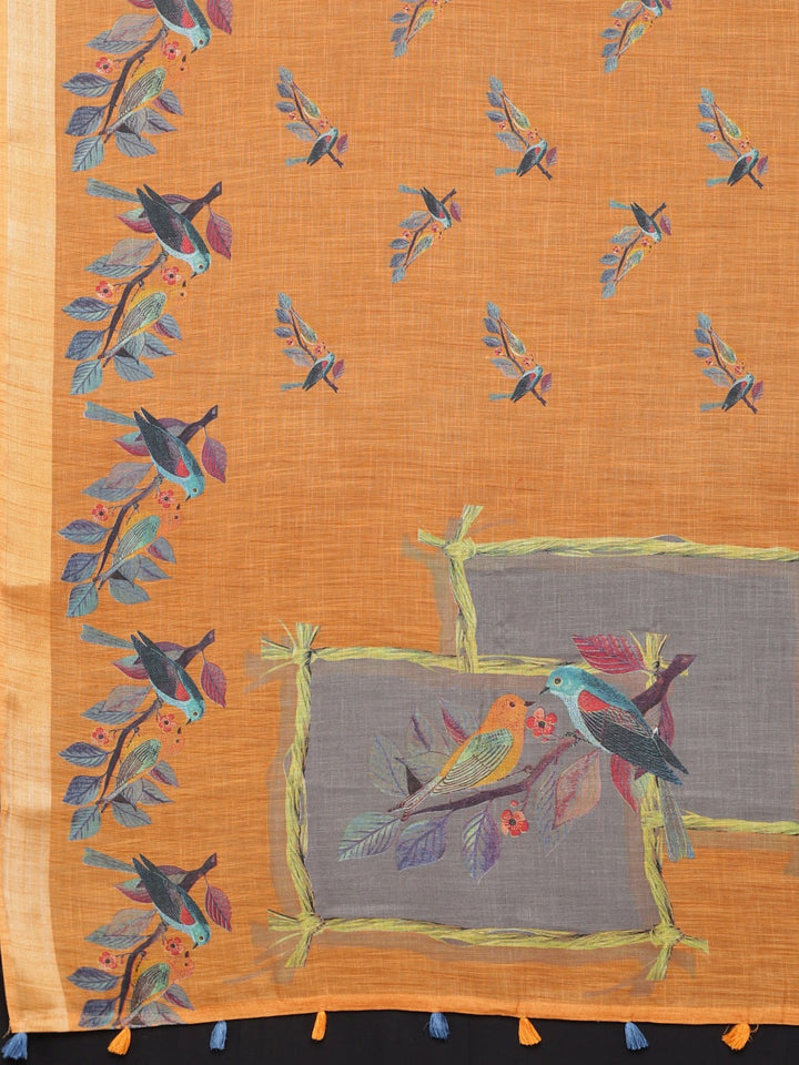 Neerus Orange printed saree with blouse piece - detail view 1