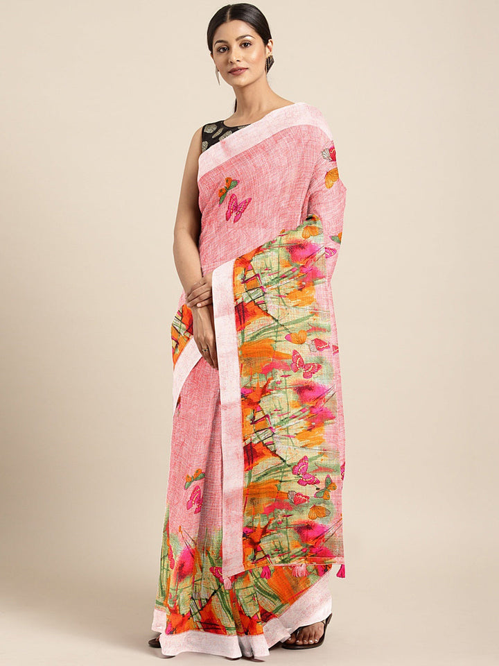 Neerus Pink georgette printed saree with blouse - front view