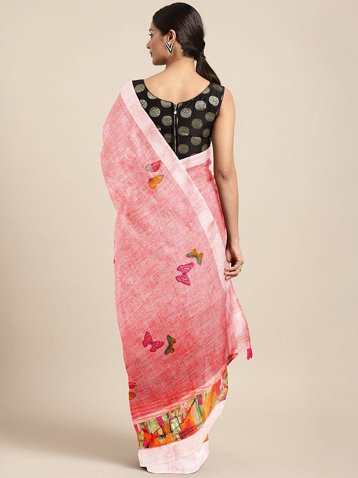 Neerus Pink georgette printed saree with blouse - back view
