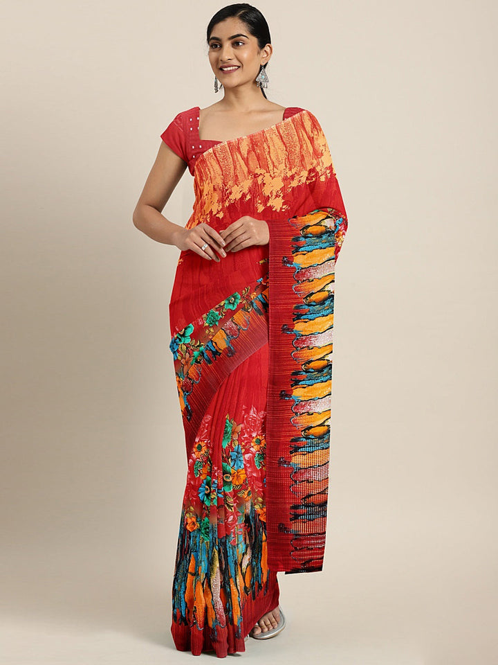 Neerus Red georgette printed saree with blouse piece - front view
