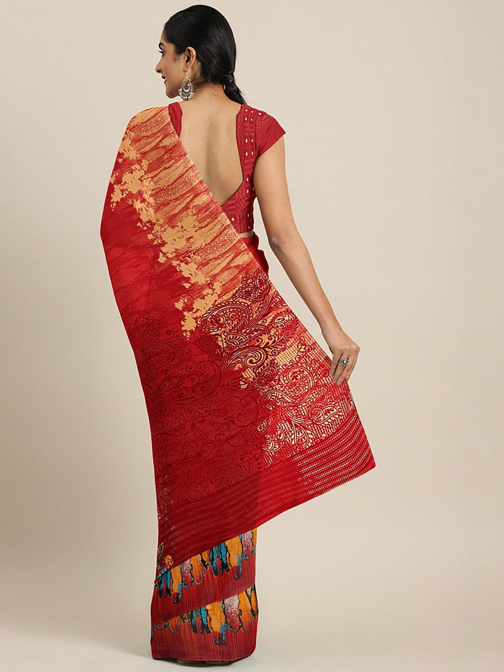 Neerus Red georgette printed saree with blouse piece - back view