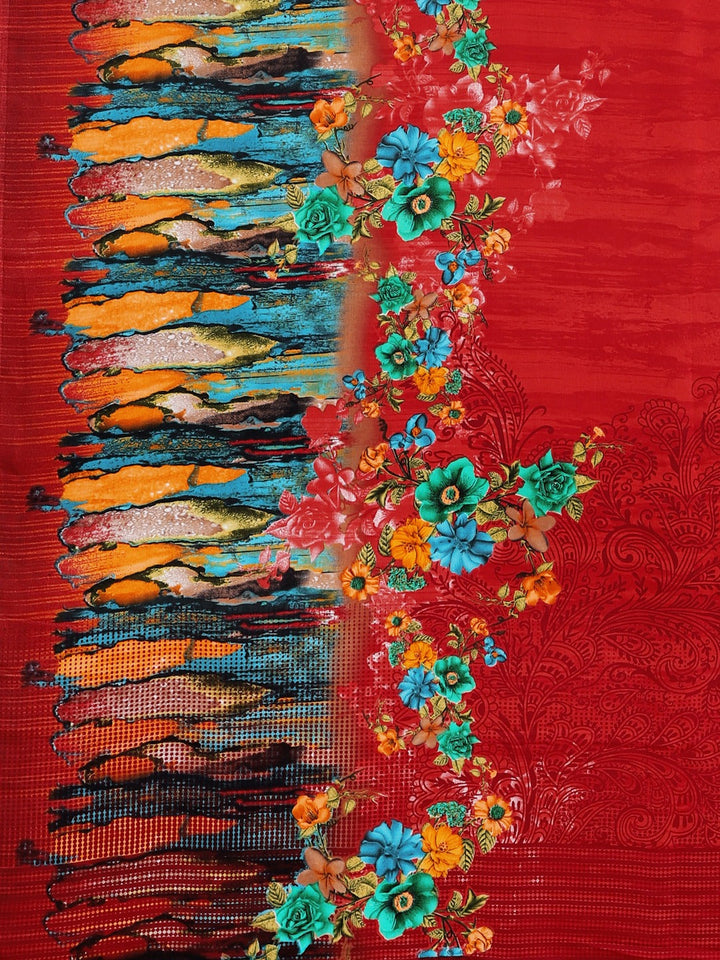 Neerus Red georgette printed saree with blouse piece - detail view 1