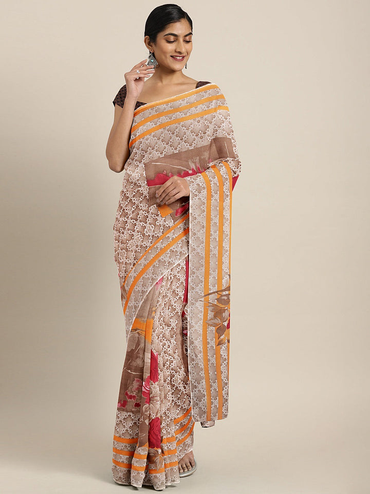 Neerus Beige georgette printed saree - front view