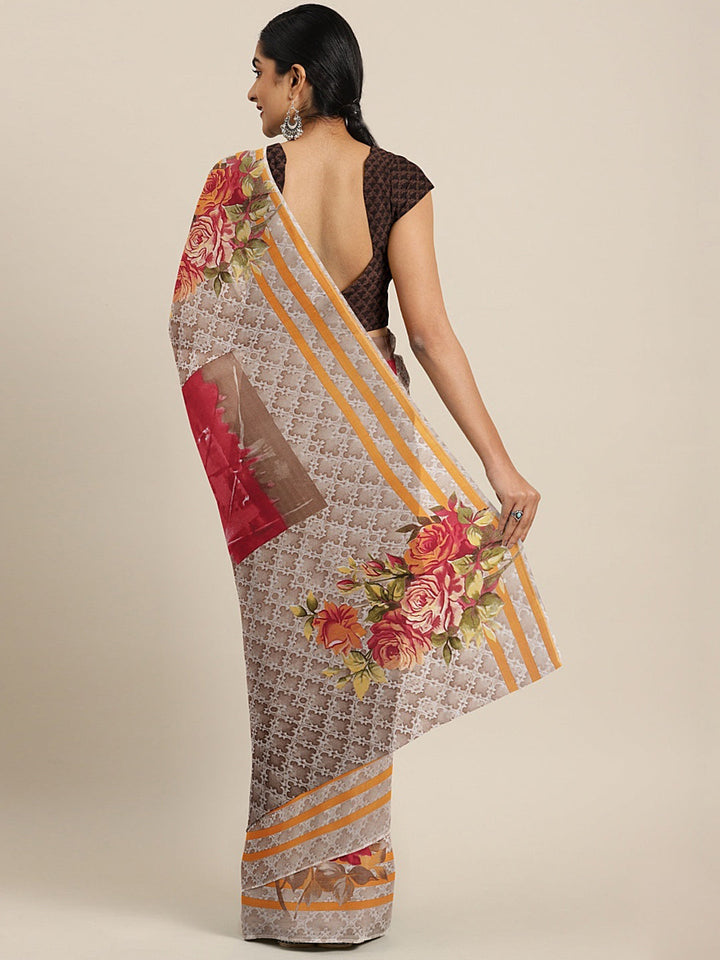 Neerus Beige georgette printed saree - back view