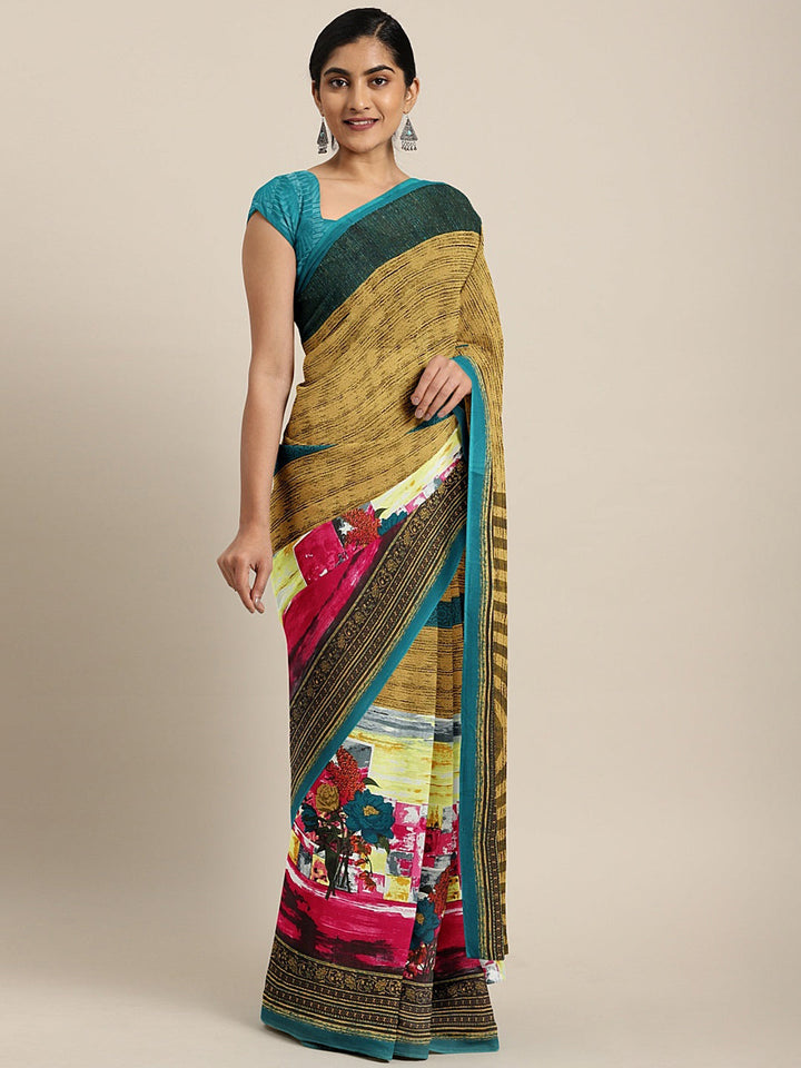 Neerus Multi georgette printed saree with blouse - front view