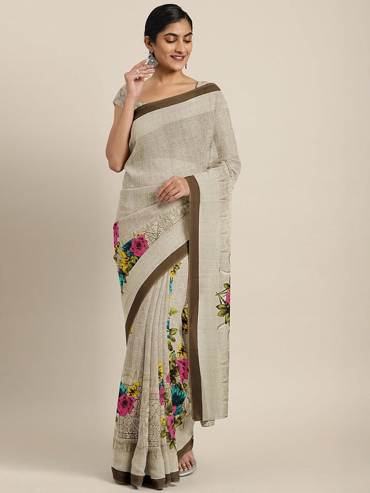 Neerus Beige georgette printed saree - front view