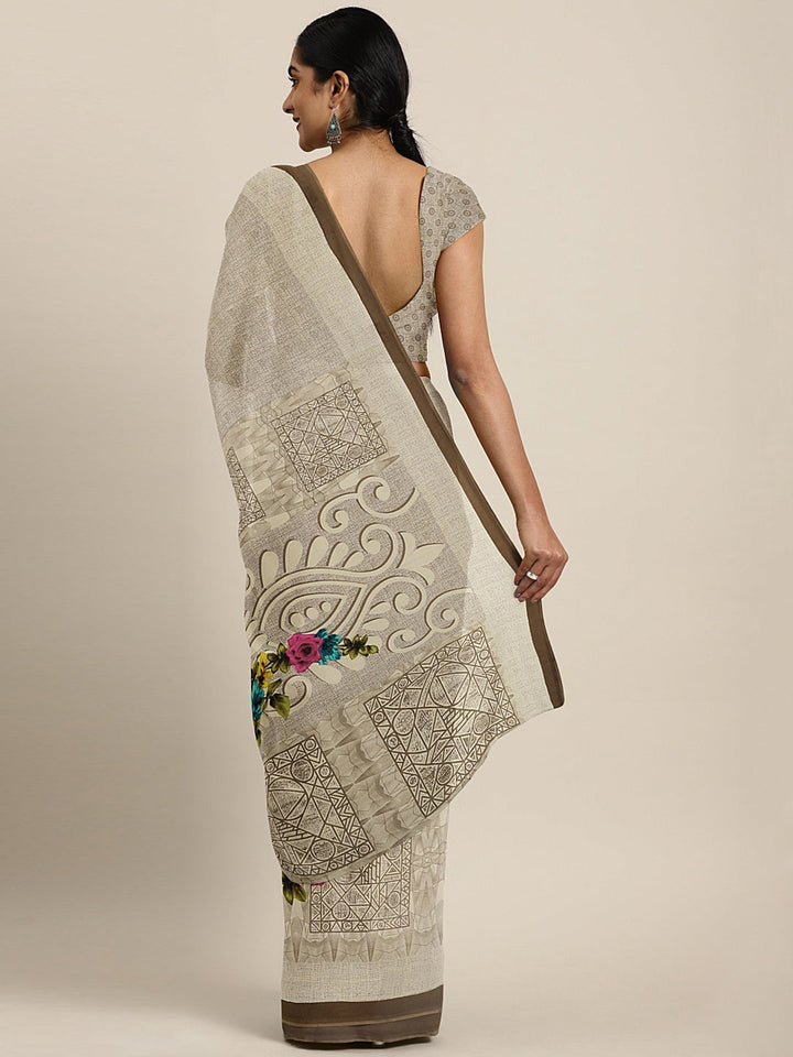 Neerus Beige georgette printed saree - back view