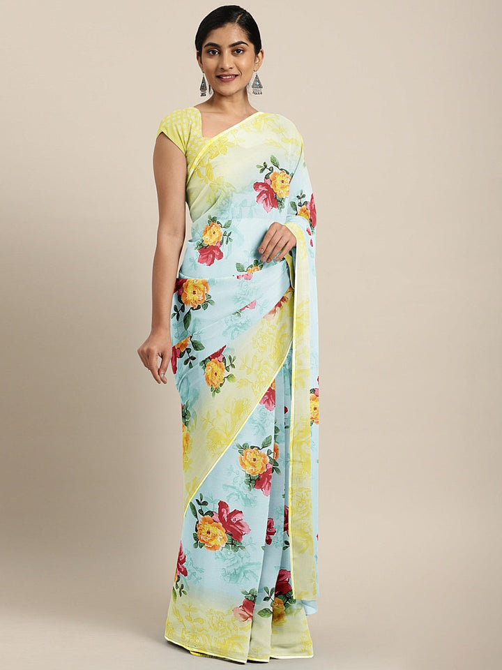 Neerus Blue georgette printed saree - front view