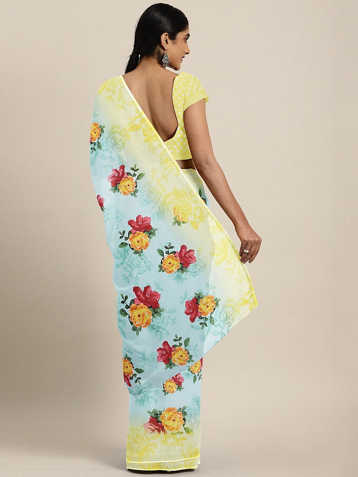 Neerus Blue georgette printed saree - back view