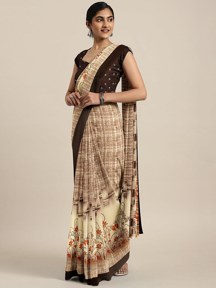 Neerus Beige Georgette Printed Saree - front view