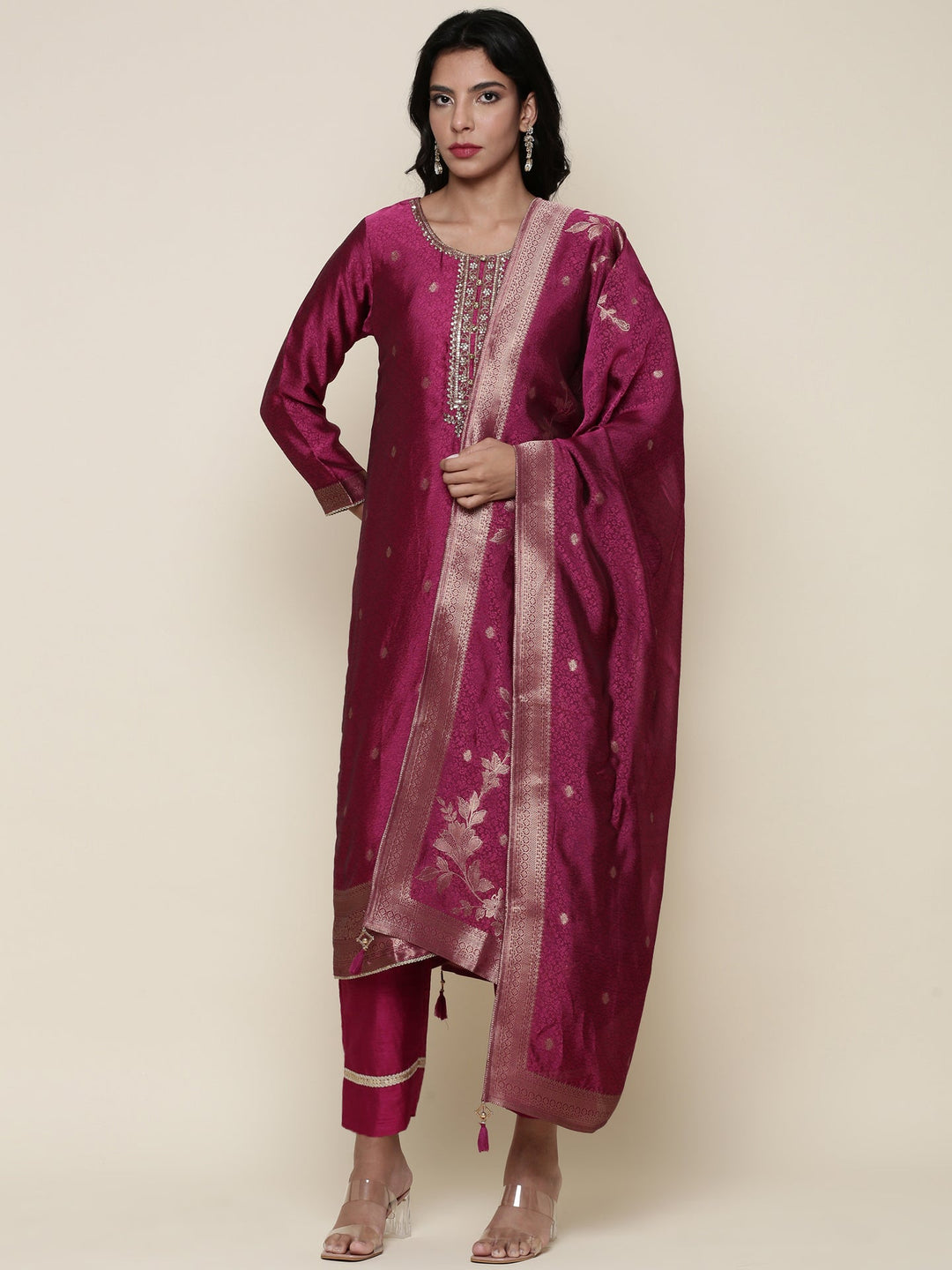 Neerus Pink silk embroidered suit set - back view