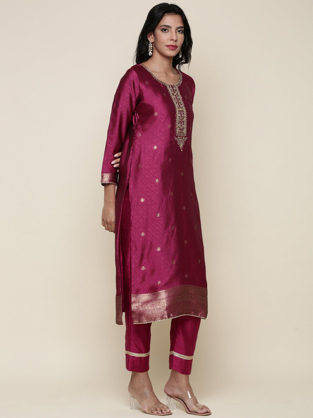 Neerus Pink silk embroidered suit set - side view
