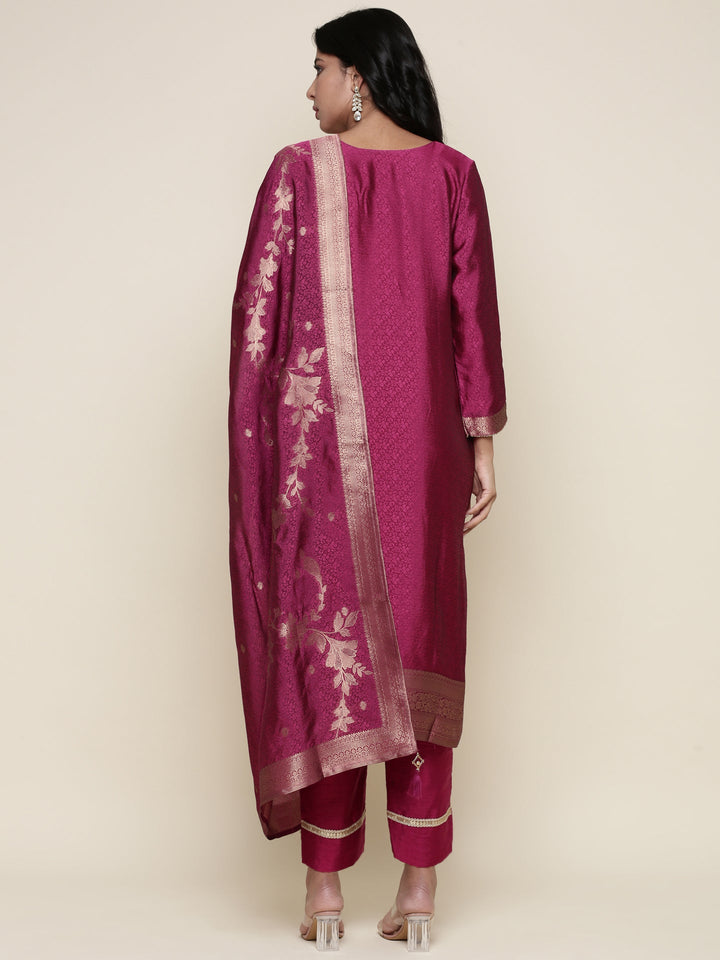 Magenta Silk embroidered three piece suit set