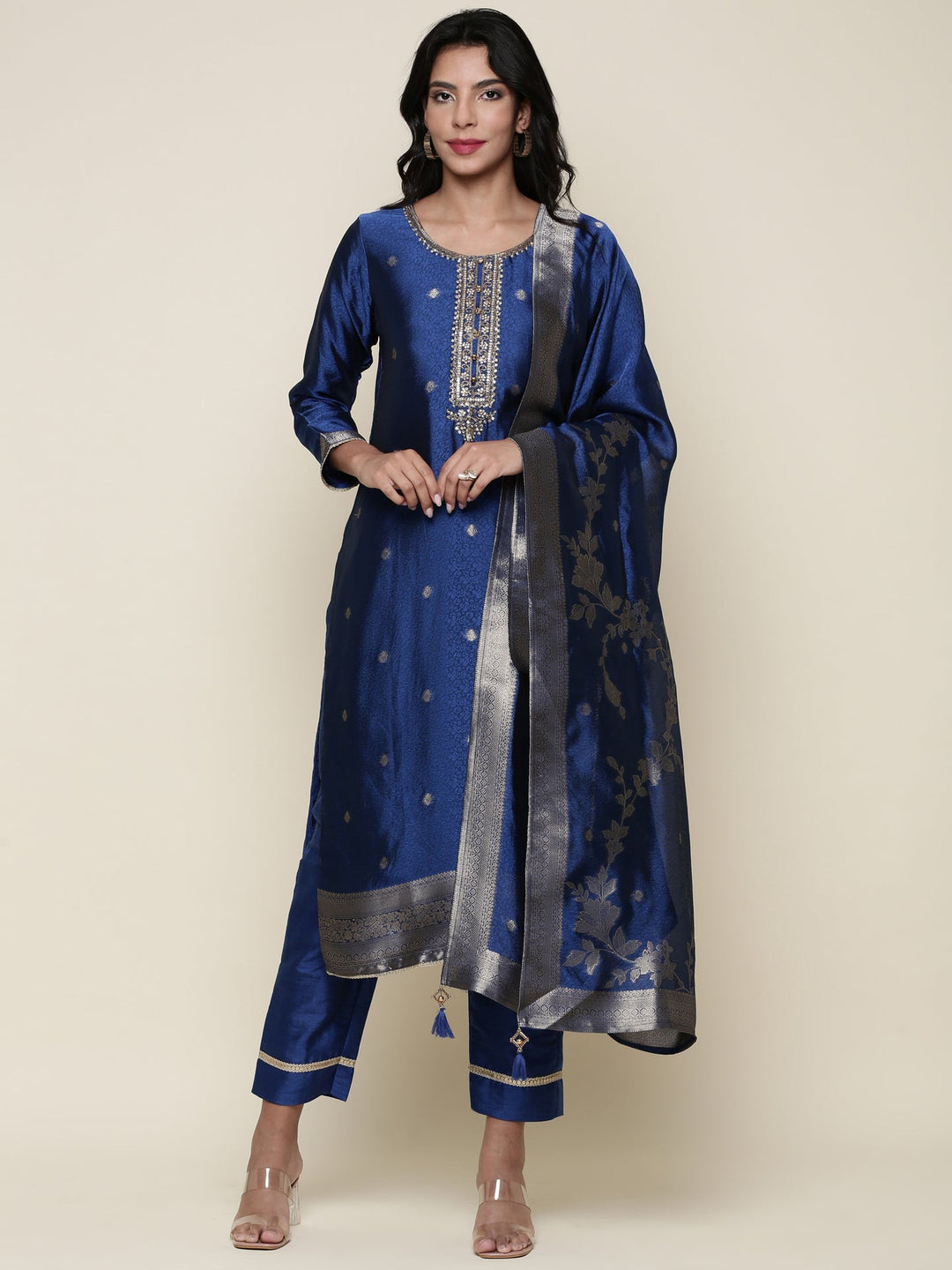 Neerus Blue Silk Hand Embroidered Suit Set - front view