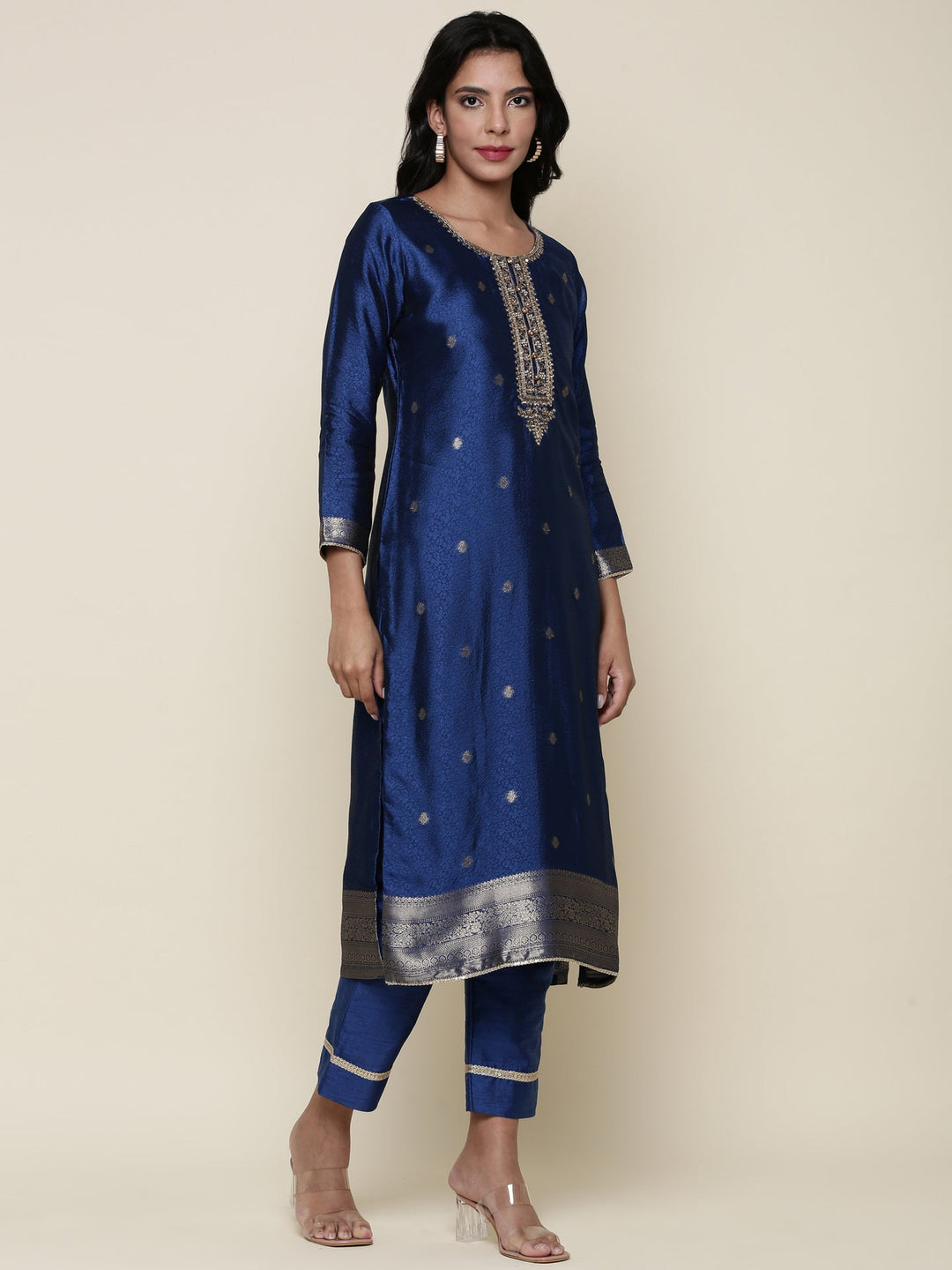 Neerus Blue Silk Hand Embroidered Suit Set - back view