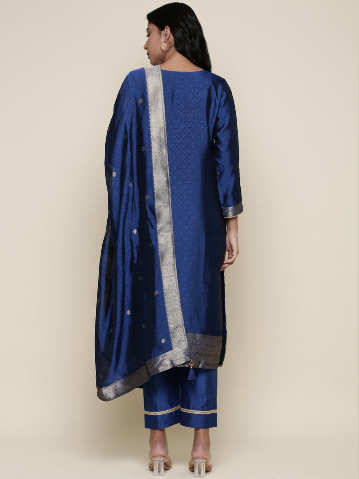 Neerus Blue Silk Hand Embroidered Suit Set - side view