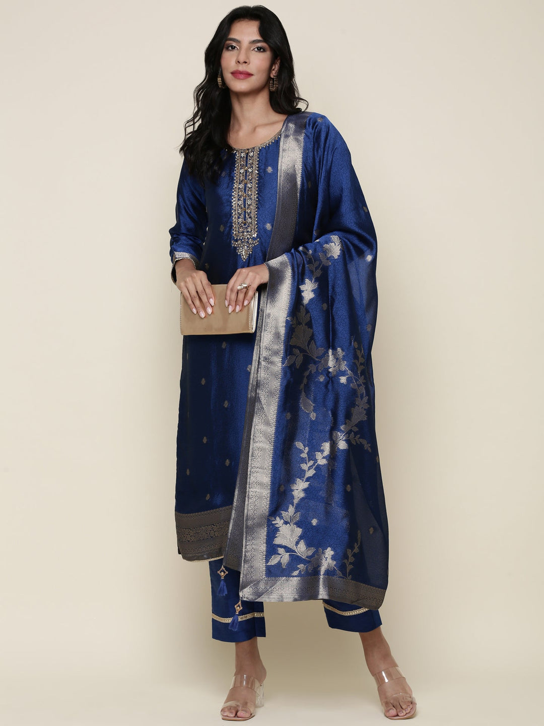 Neerus Blue Silk Hand Embroidered Suit Set - detail view 2