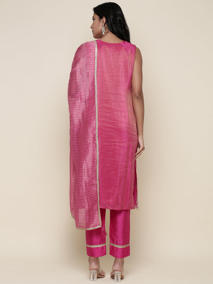 Pink Tissue Suit Embroidered three piece set