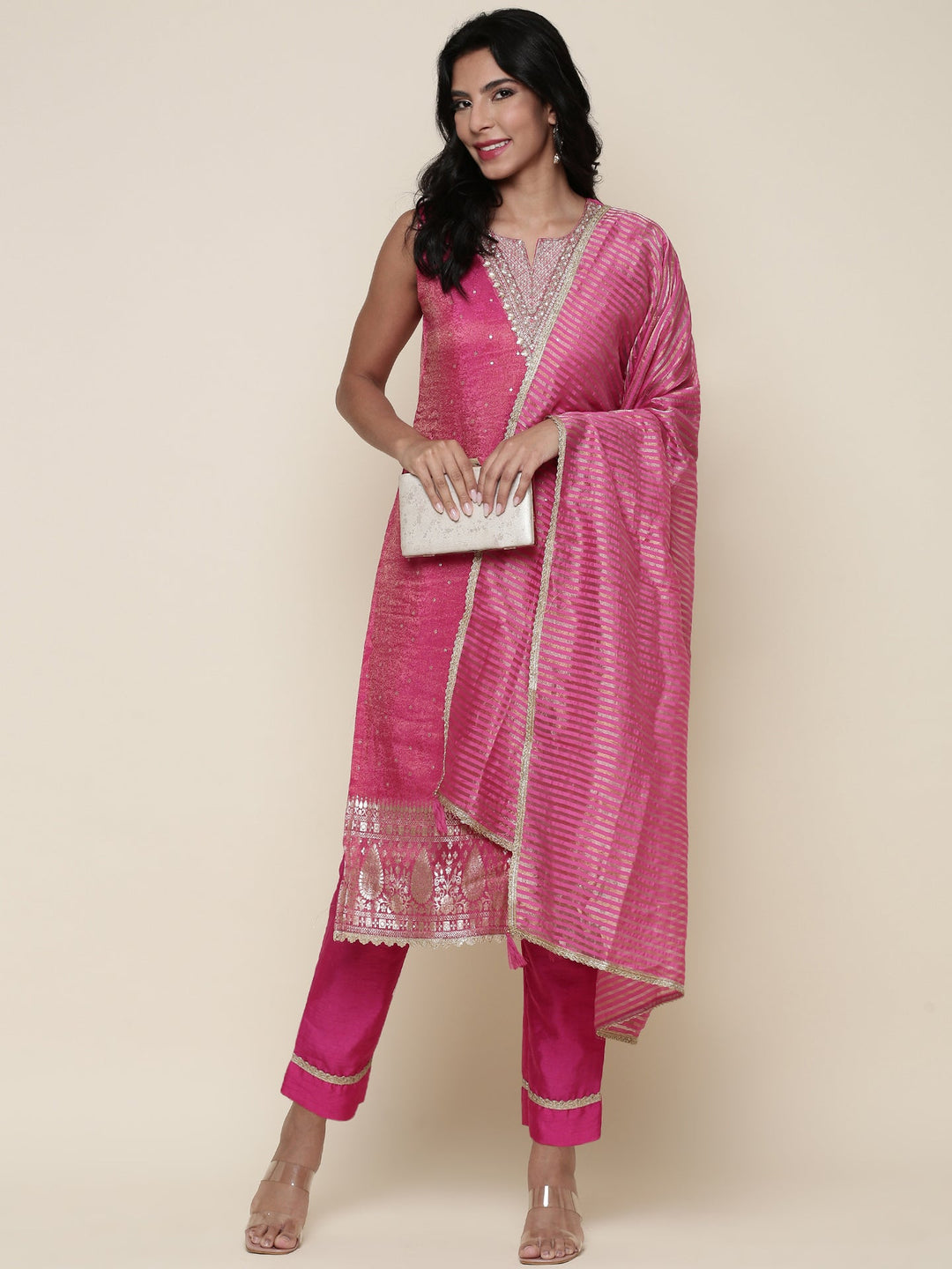 Neerus Pink tissue embroidered suit set - front view