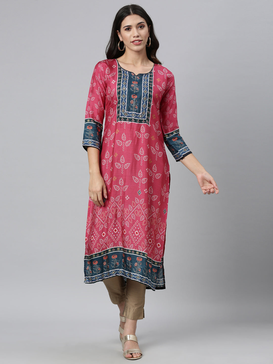 Neerus Pink ethnic printed kurta for women - front view