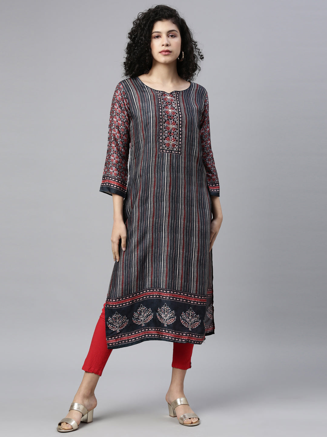 Neerus Grey silk embroidered kurta - detail view 5