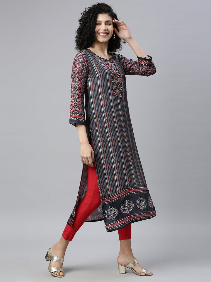Neerus Grey silk embroidered kurta - front view