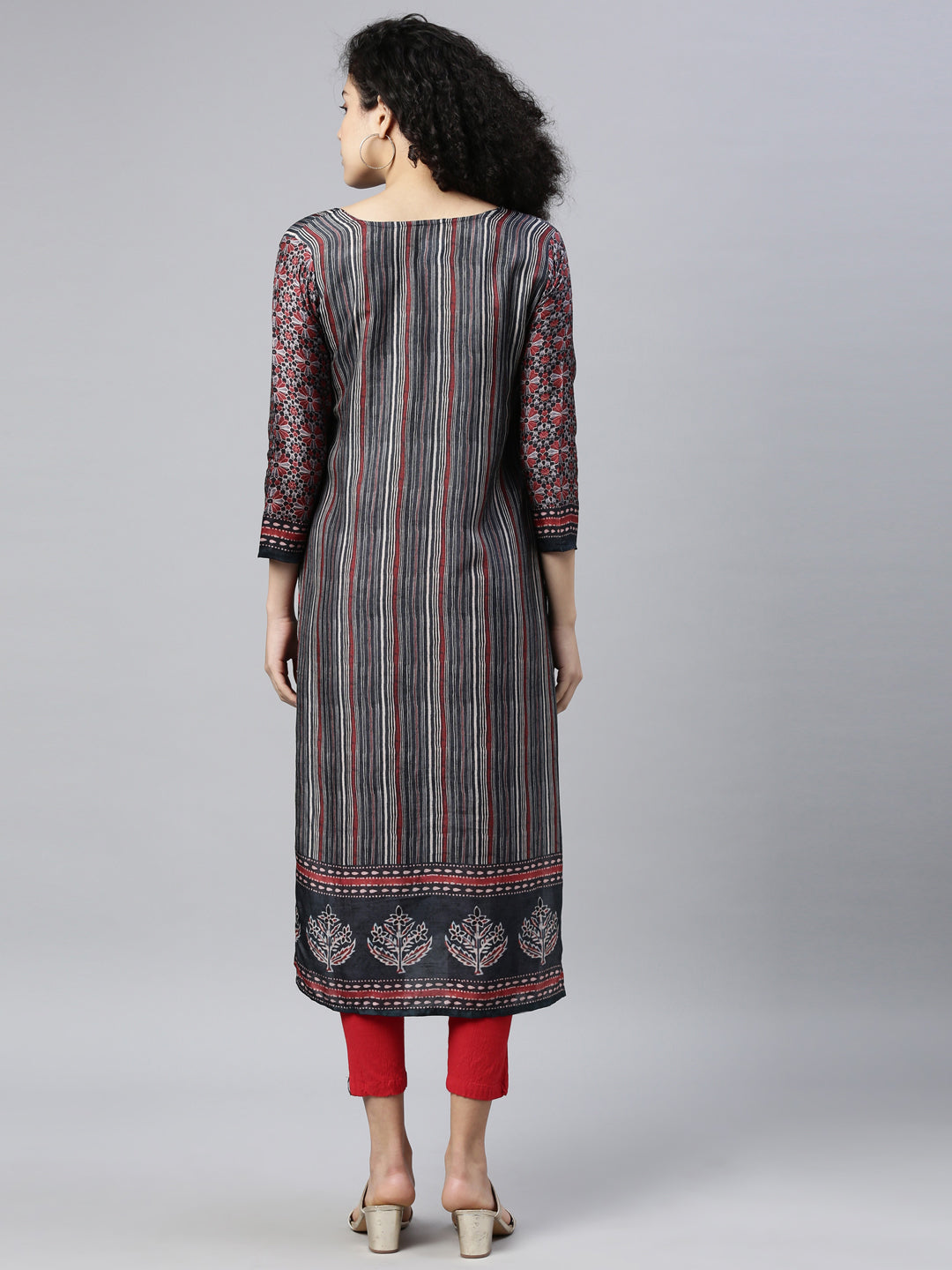Neerus Grey silk embroidered kurta - back view