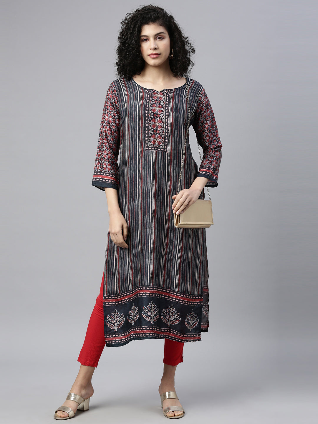 Neerus Grey silk embroidered kurta - detail view 1