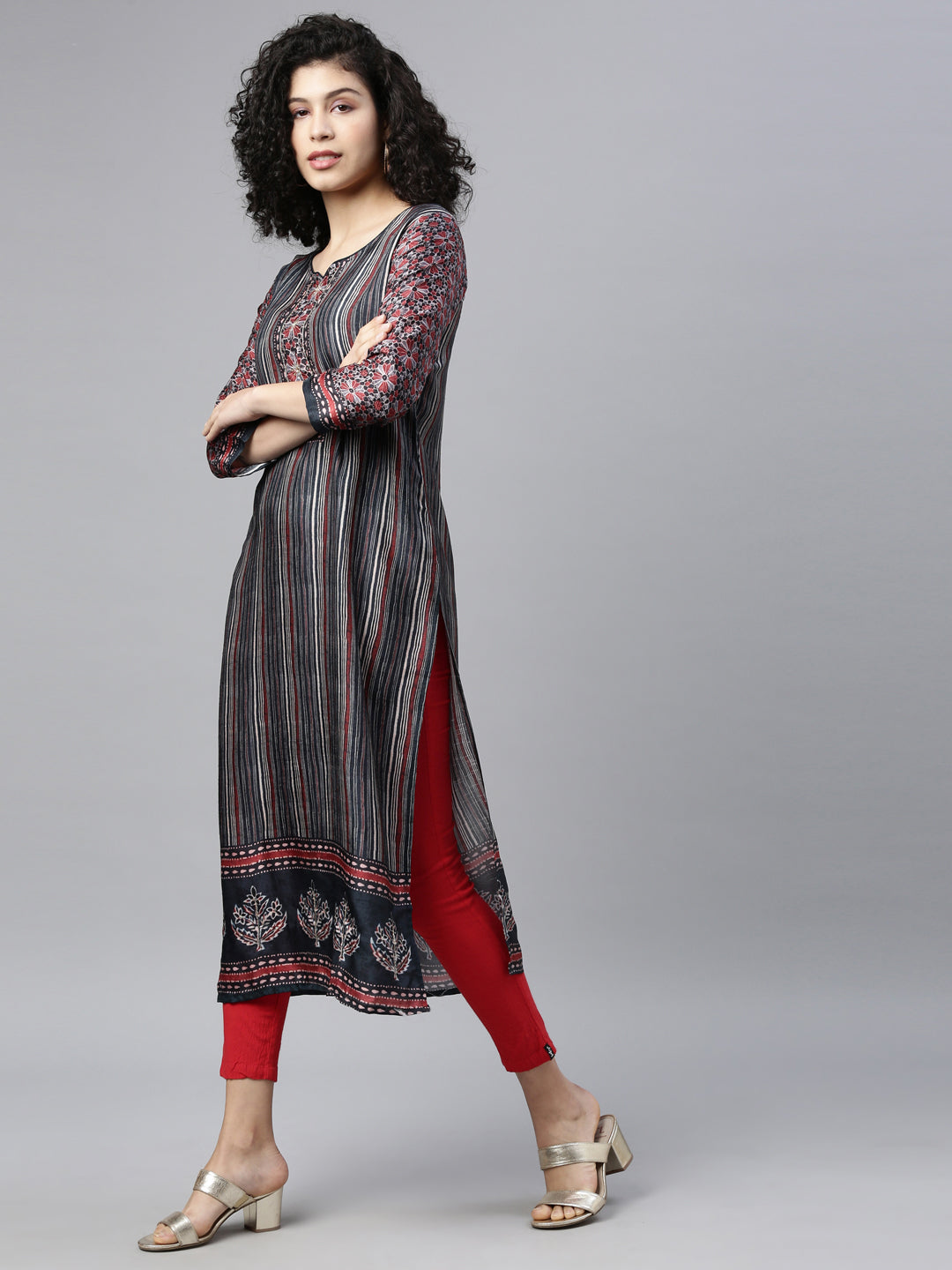 Neerus Grey silk embroidered kurta - detail view 2