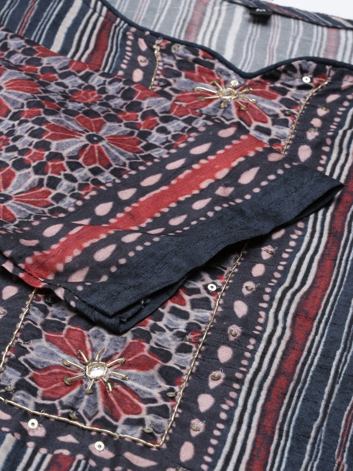 Neerus Grey silk embroidered kurta - detail view 4