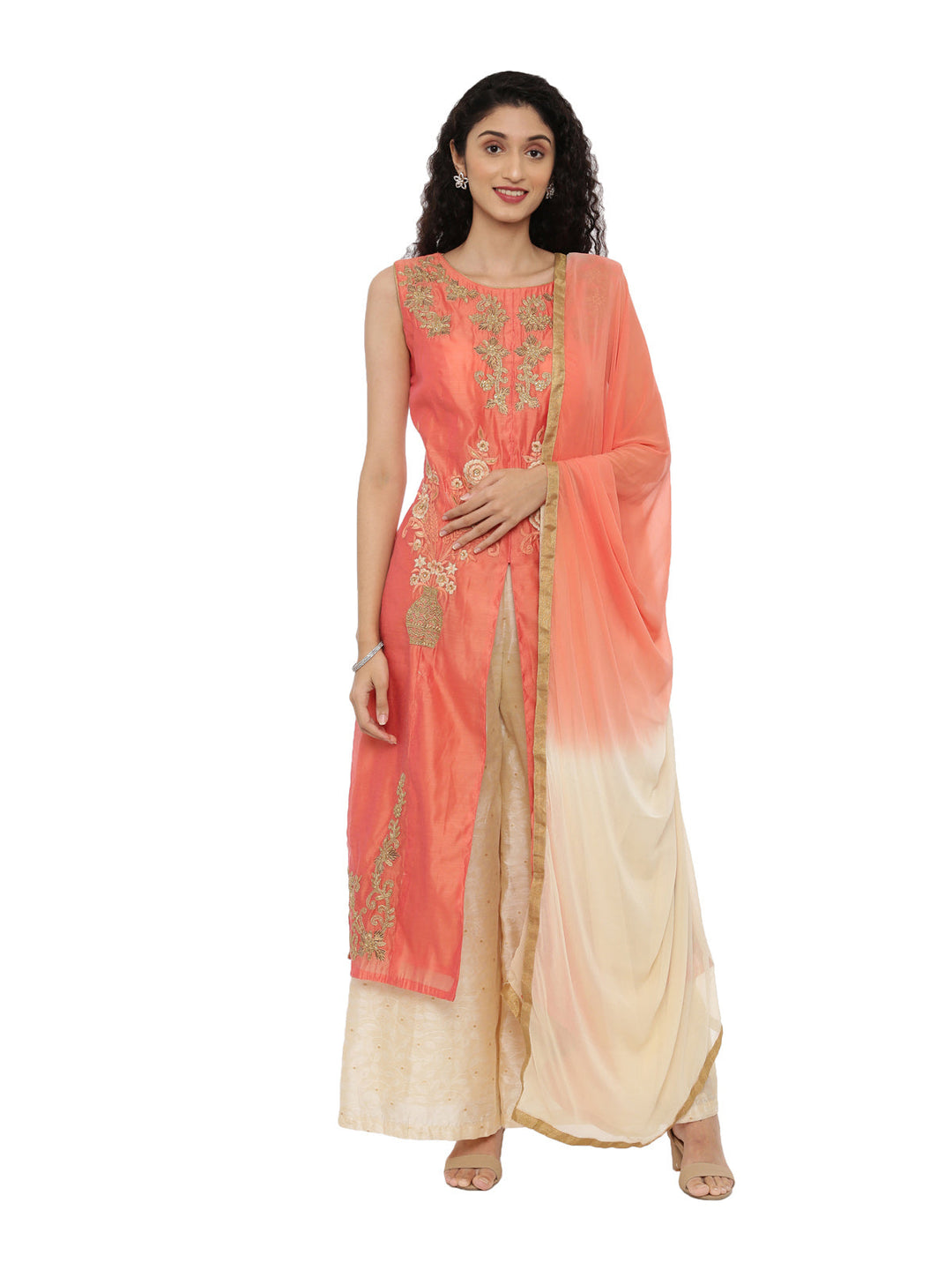 Neerus Pink Chanderi straight kurta set with palazzo - front view
