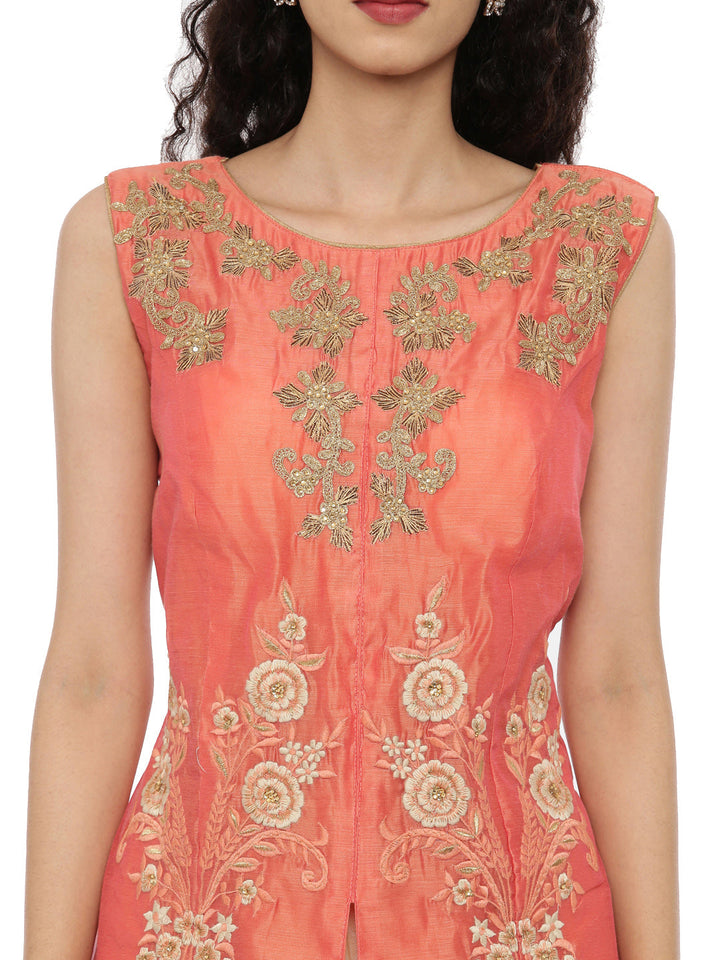 Neerus Pink Chanderi straight kurta set with palazzo - back view