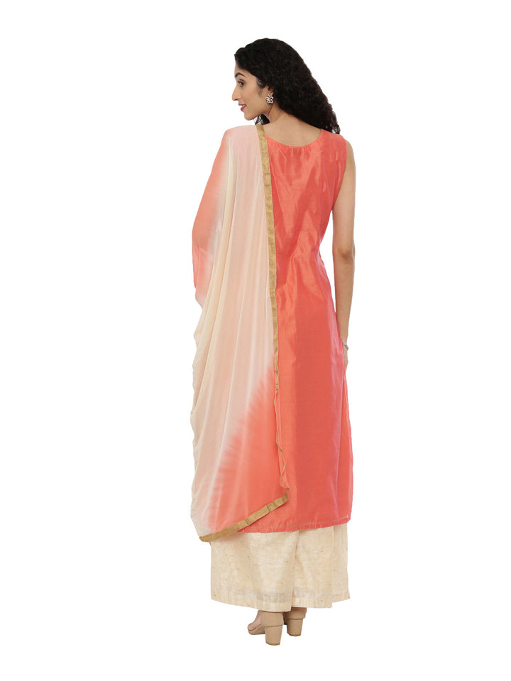 Neerus Pink Chanderi straight kurta set with palazzo - detail view 1