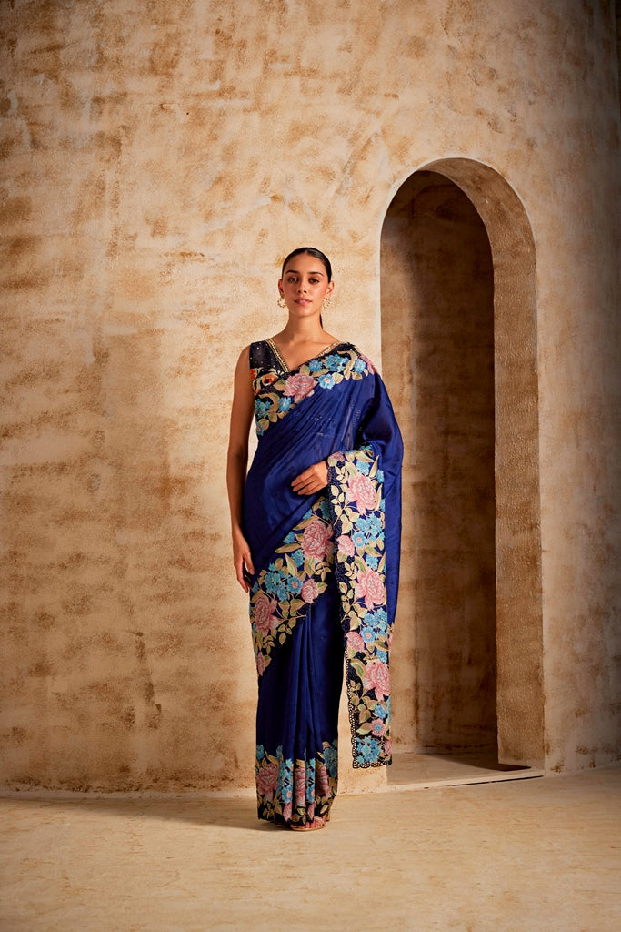 Neerus Blue Satin Solid Saree - front view