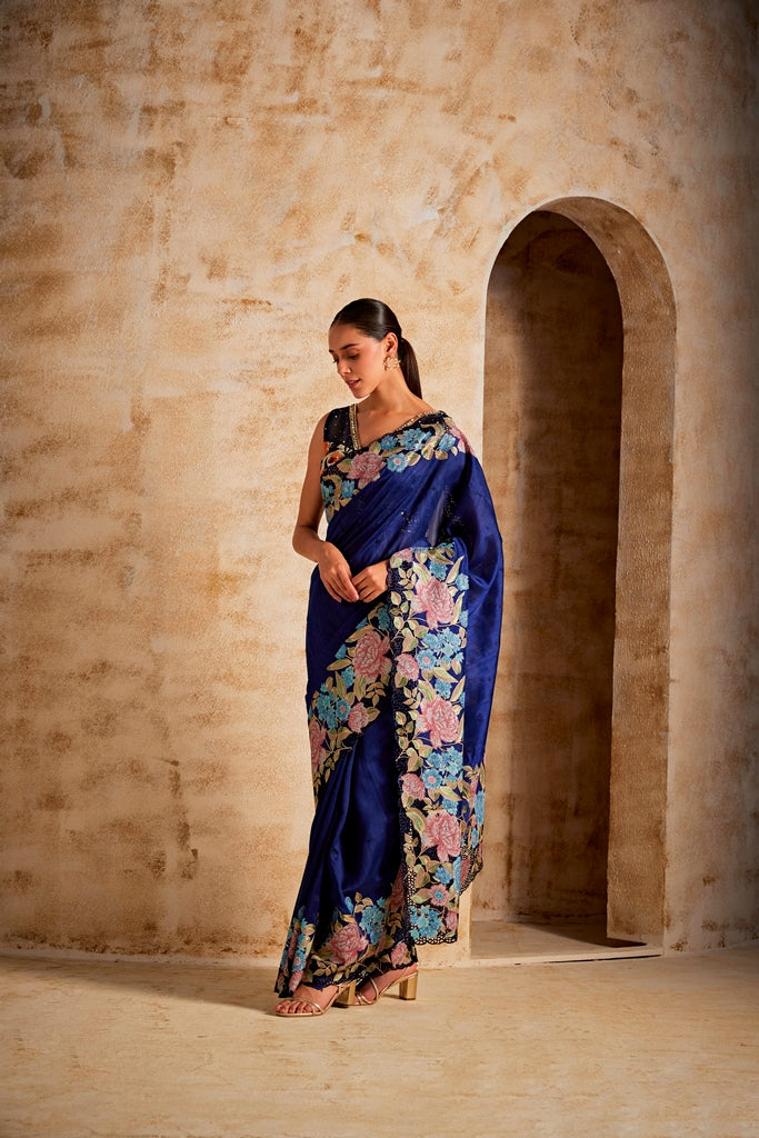 Neerus Blue Satin Solid Saree - back view
