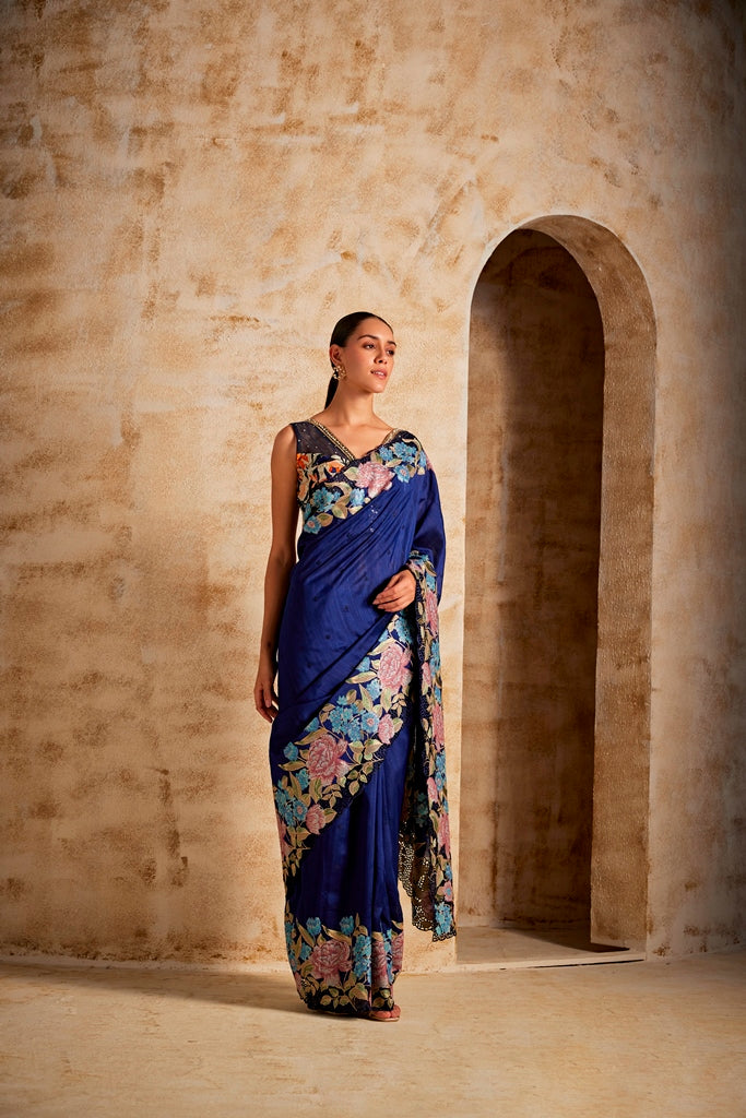 Neerus Blue Satin Solid Saree - side view