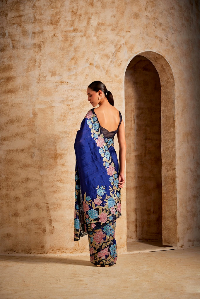 Neerus Blue Satin Solid Saree - detail view 1
