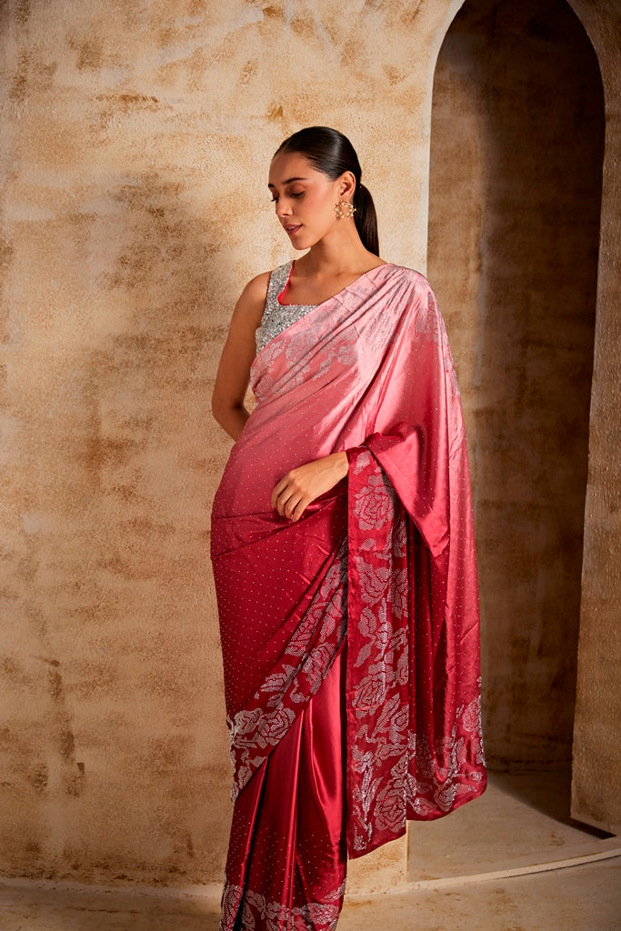 Neerus Maroon Satin Saree - back view