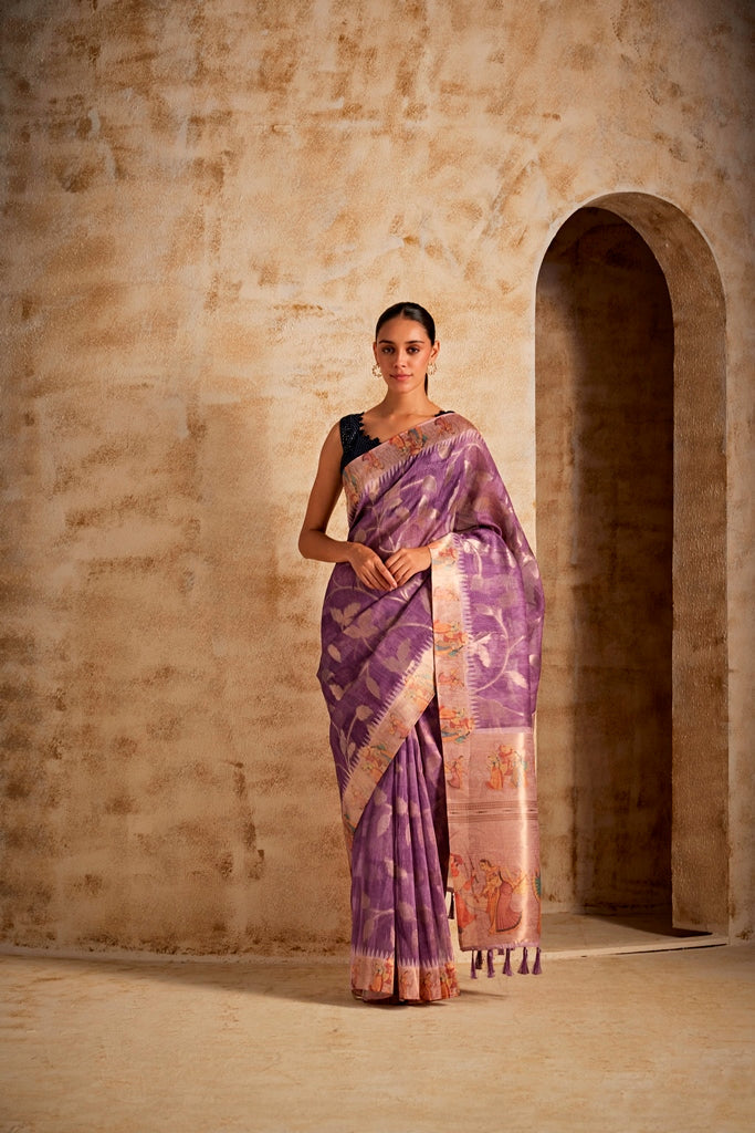 Neerus Purple Banarasi woven saree - front view