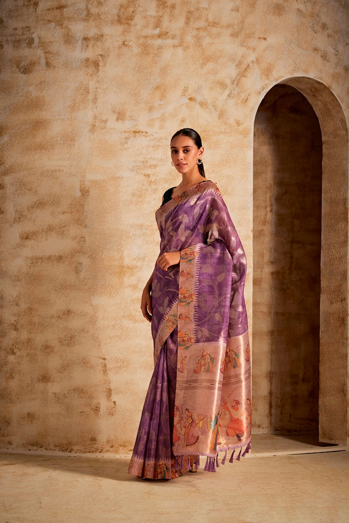 Neerus Purple Banarasi woven saree - back view