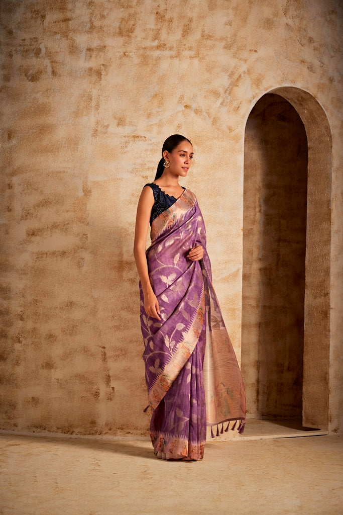Neerus Purple Banarasi woven saree - side view